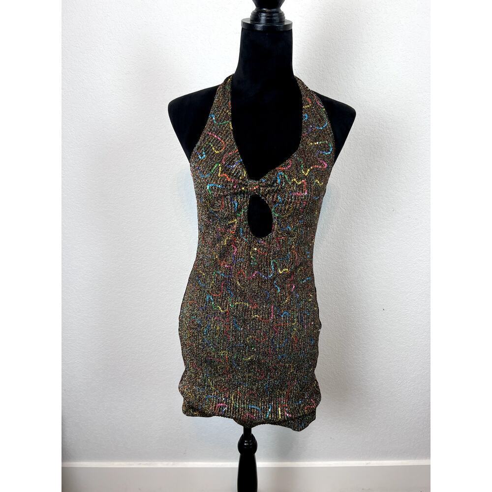 Urban Outfitters Gold Tinsel Rainbow Sequin Halter Mini Dress